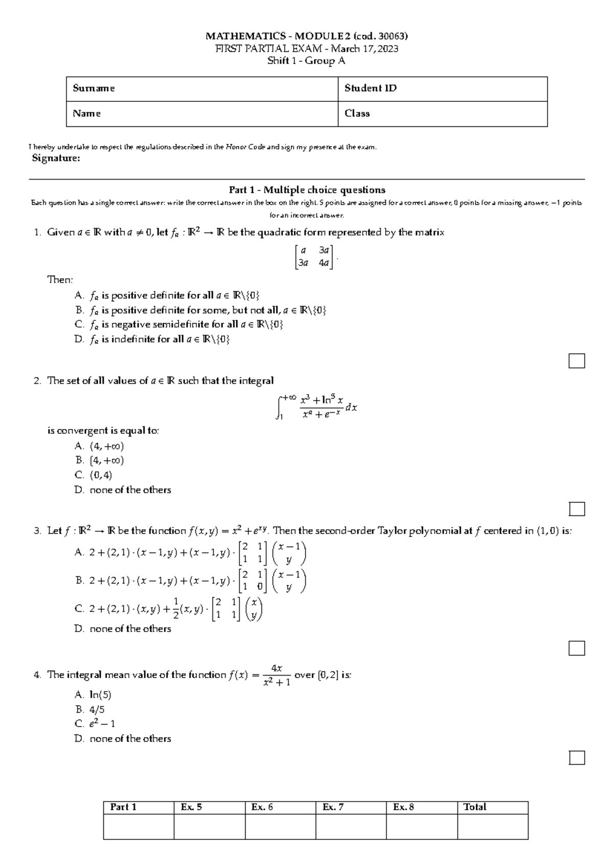 MATHEMATICS MODULE 2 (cod. 30063) EXAMINATION TEXT 2022-2023 - Studocu