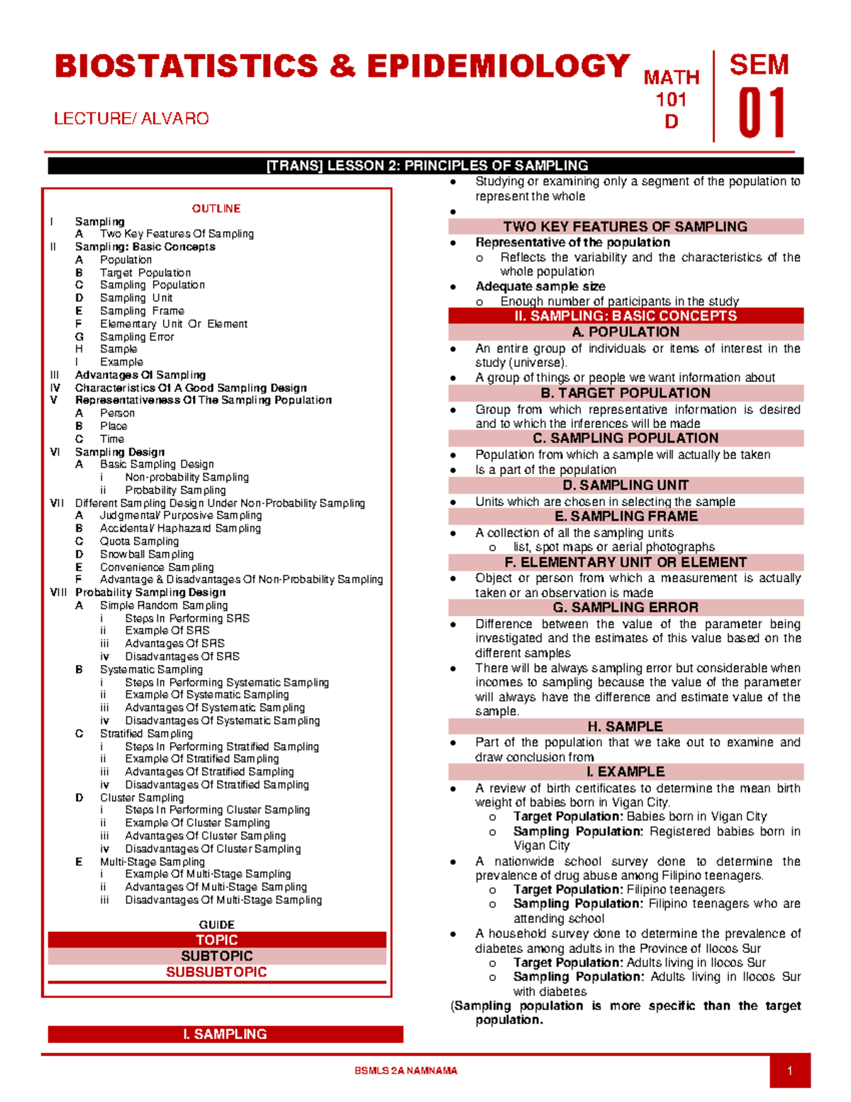 BIOSTAT 101D Lecture: Principles of Sampling Overview - Studocu