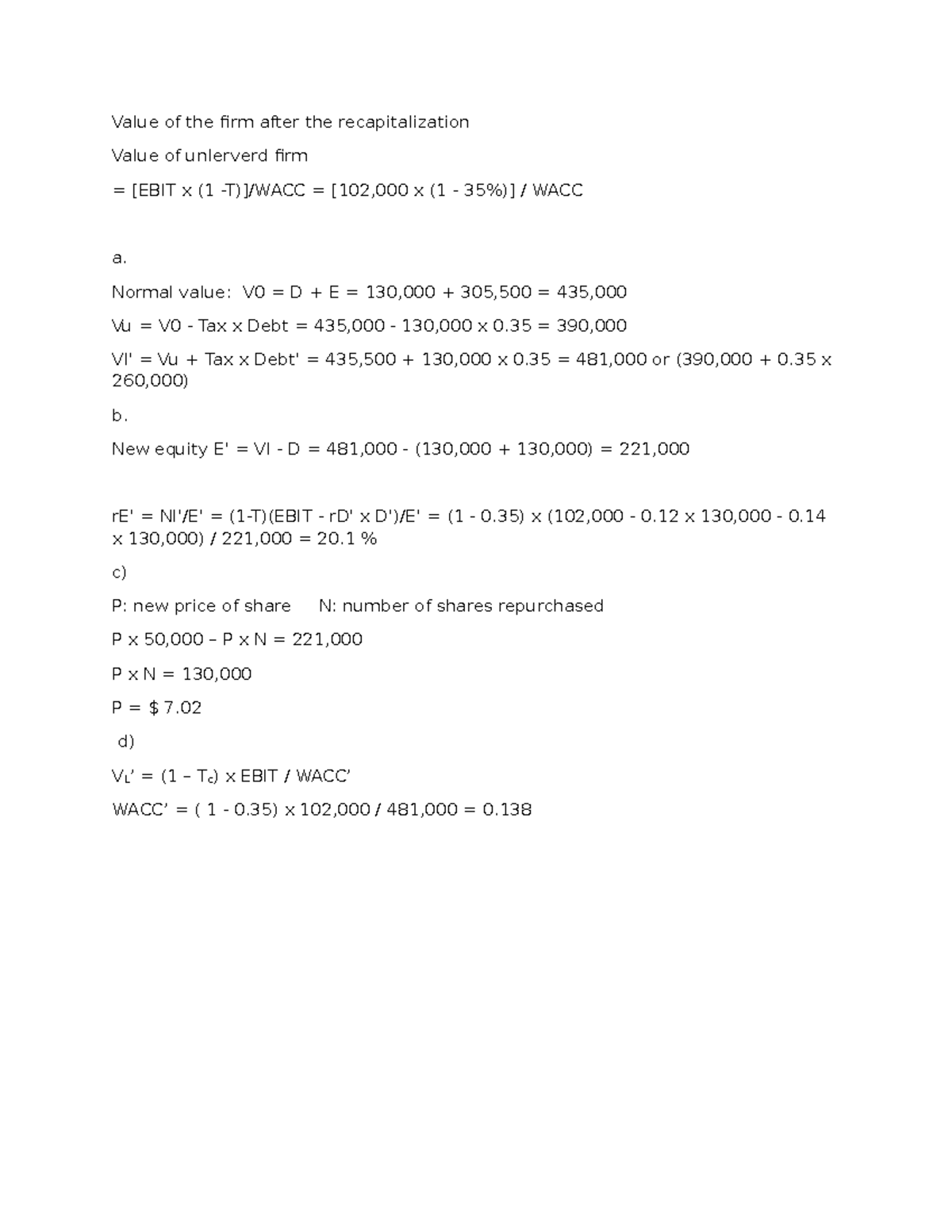 Corp Fin Note - Corp Fin Note - Value of the firm after the ...