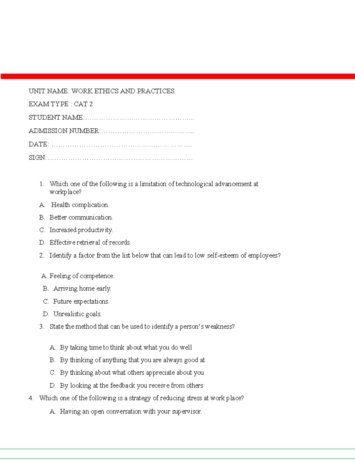 Work Ethics and Practices CAT 2 Practice Paper - Studocu