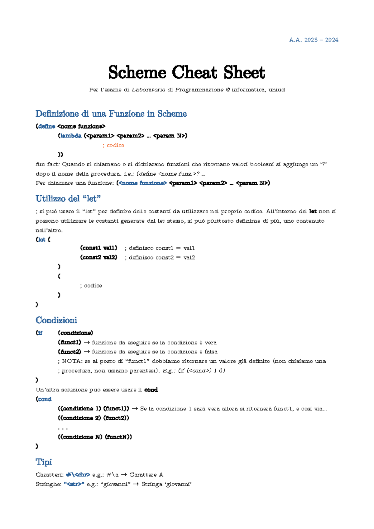 Scheme Cheat Sheet for Laboratorio di Programmazione @ informatica ...