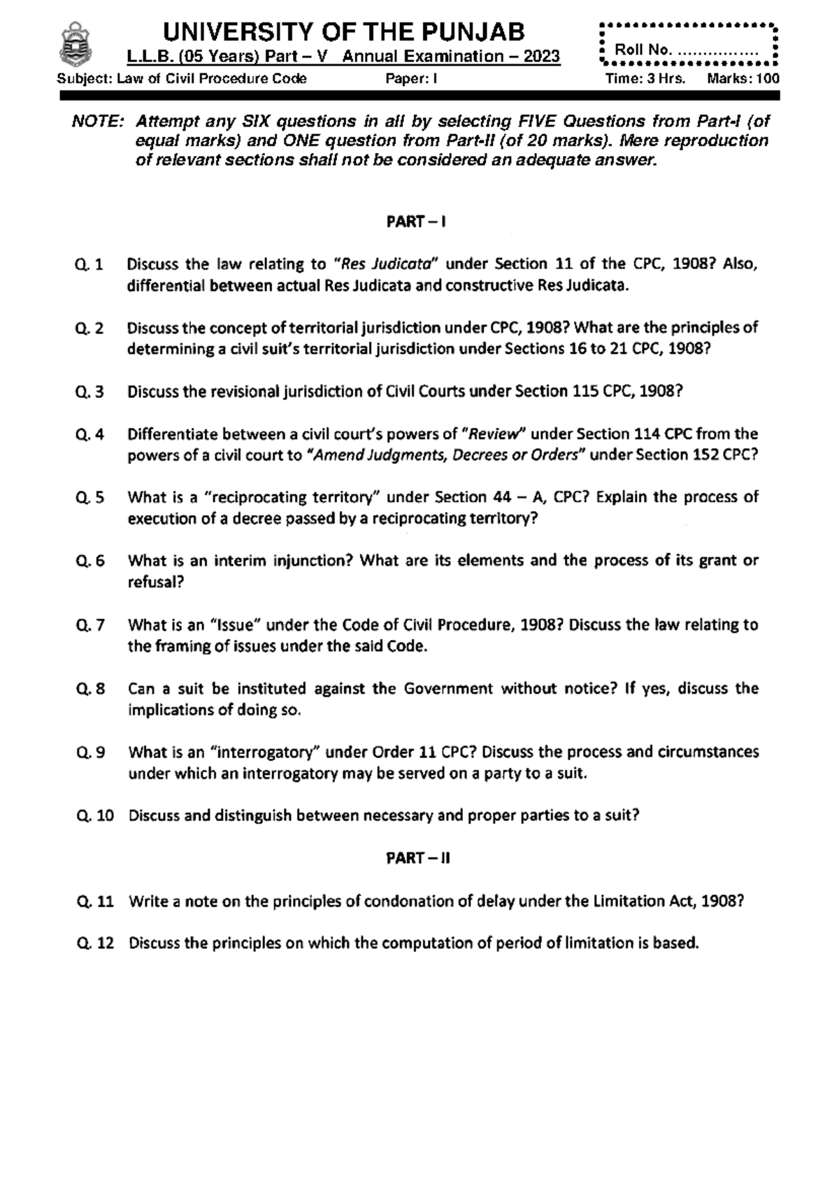 LLB PV Law of Civil Procedure Code Paper I Annual Exam 2023 - Studocu