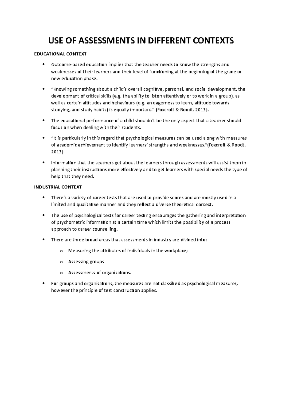 Psychological Assessments in Different Contexts - USE OF ASSESSMENTS IN ...