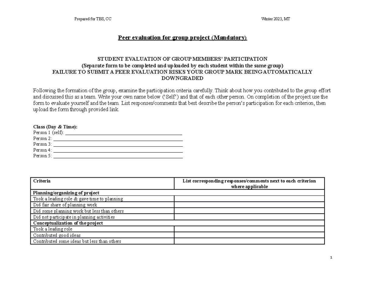 Peer Evaluation Template for TBS CC Winter 2023 MT Group Project - Studocu