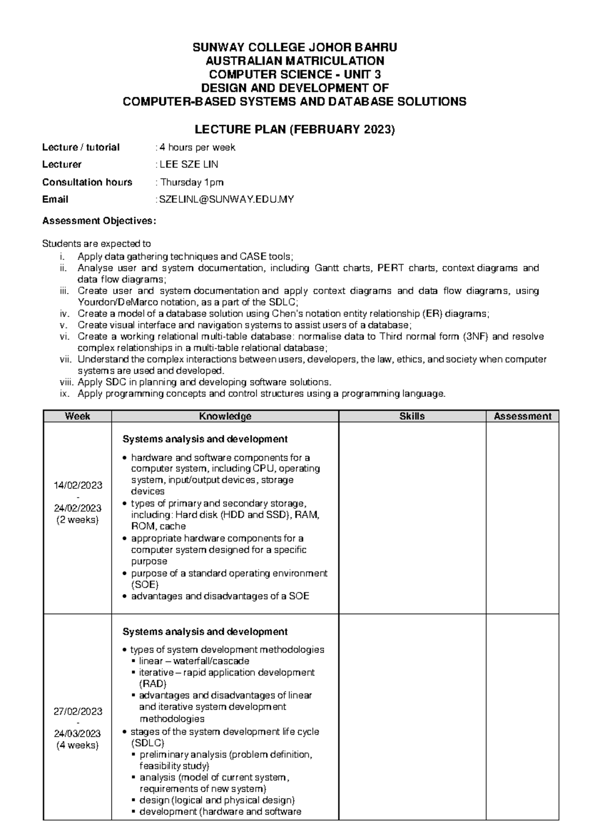 AUSTRALIAN MATRICULATION CS UNIT 3 LECTURE PLAN (FEB 2023) - Studocu