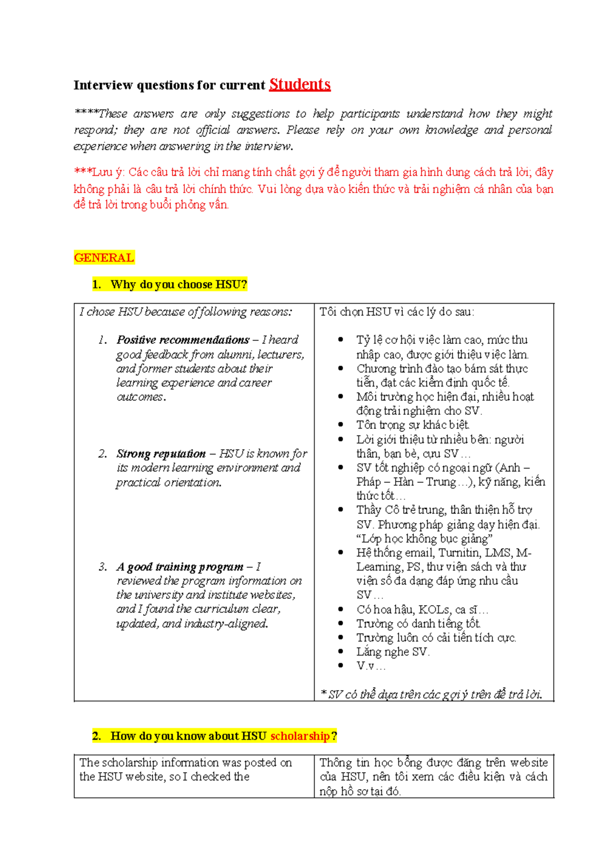 HSU MKT Interview Questions & Suggested Answers for Students - Studocu