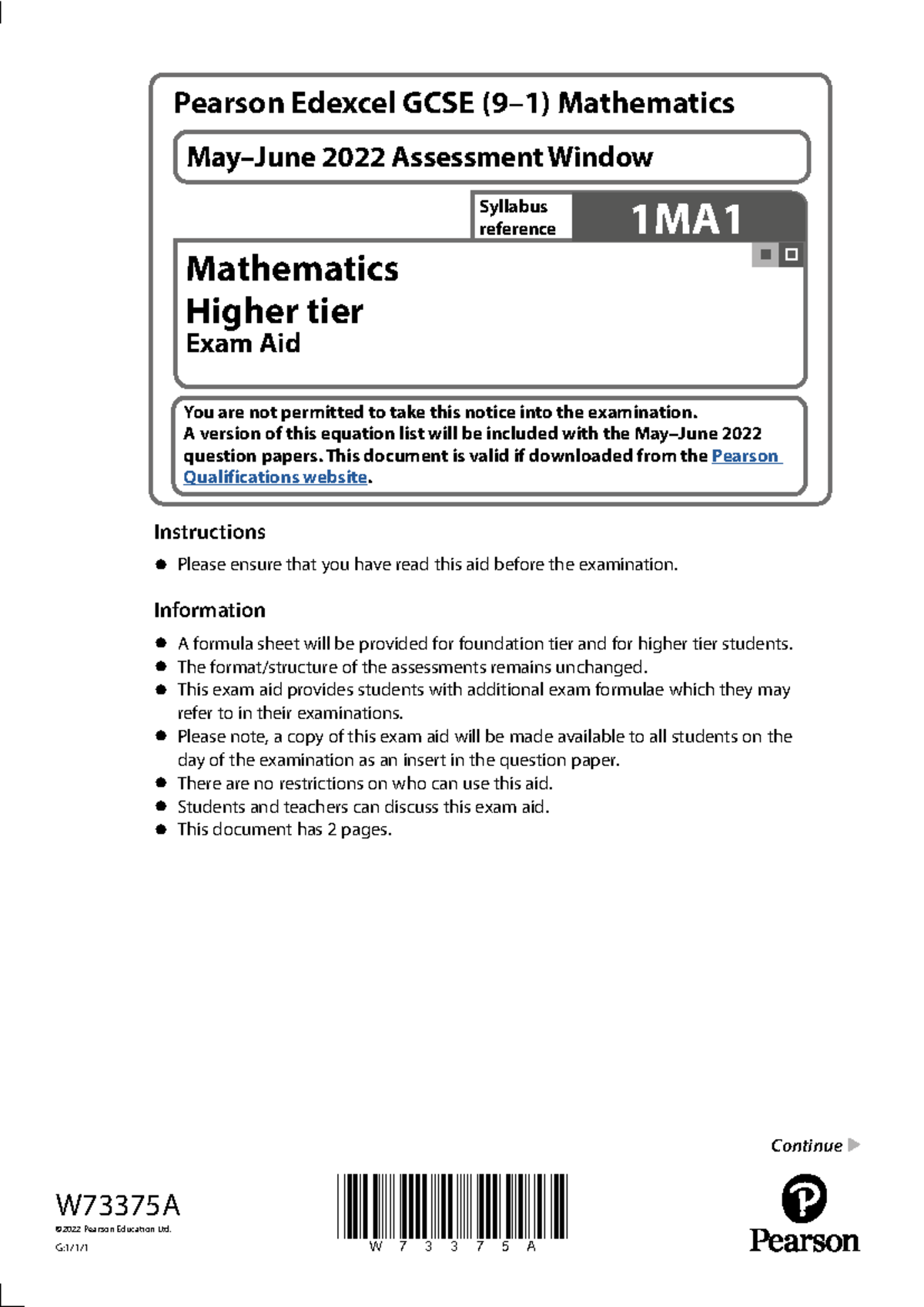 Edexcel GCSE Maths Higher Tier Formulae Sheet W73375A 2022 - Studocu