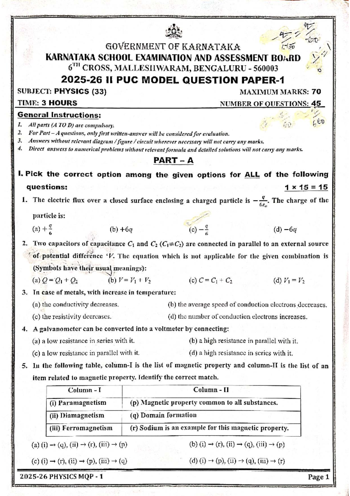 II PUC Physics Model Question Paper 1 (2025-2026) - Solved - Studocu