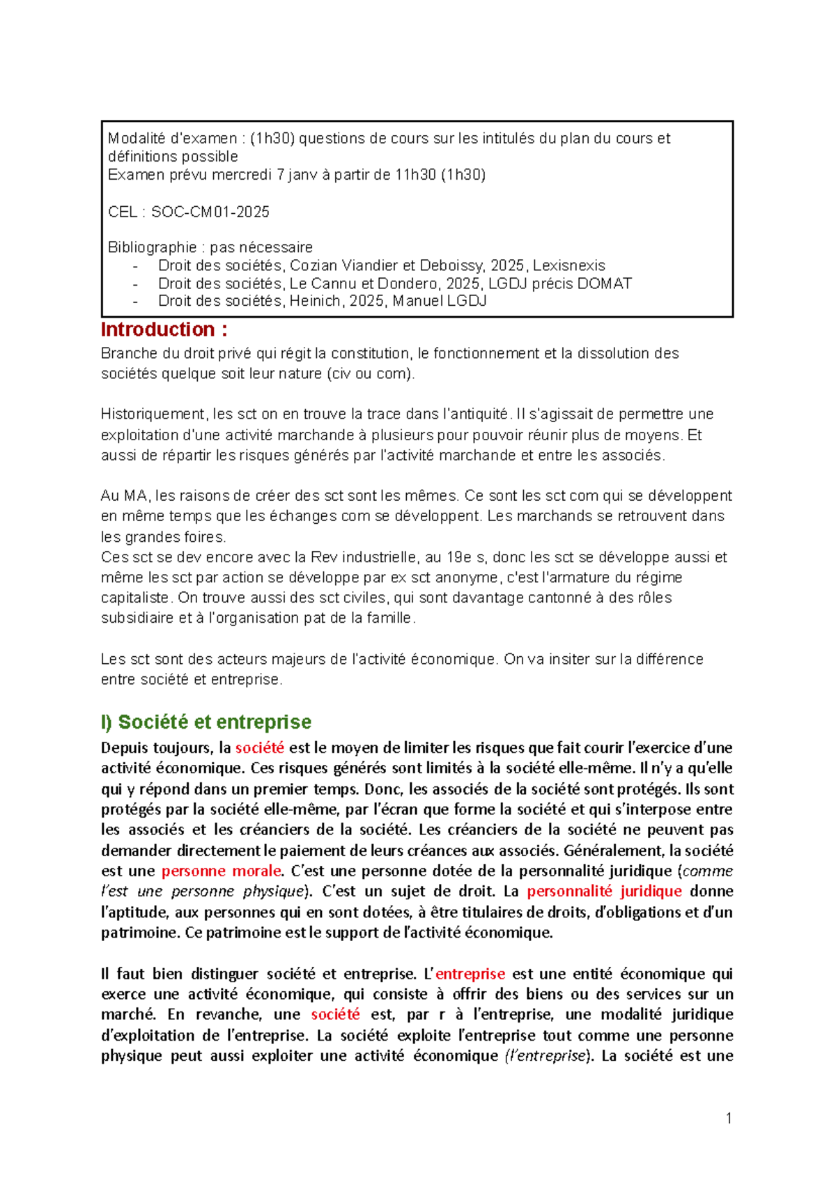 CM - Droit des Sociétés 1 : Examen et Concepts Clés - Studocu