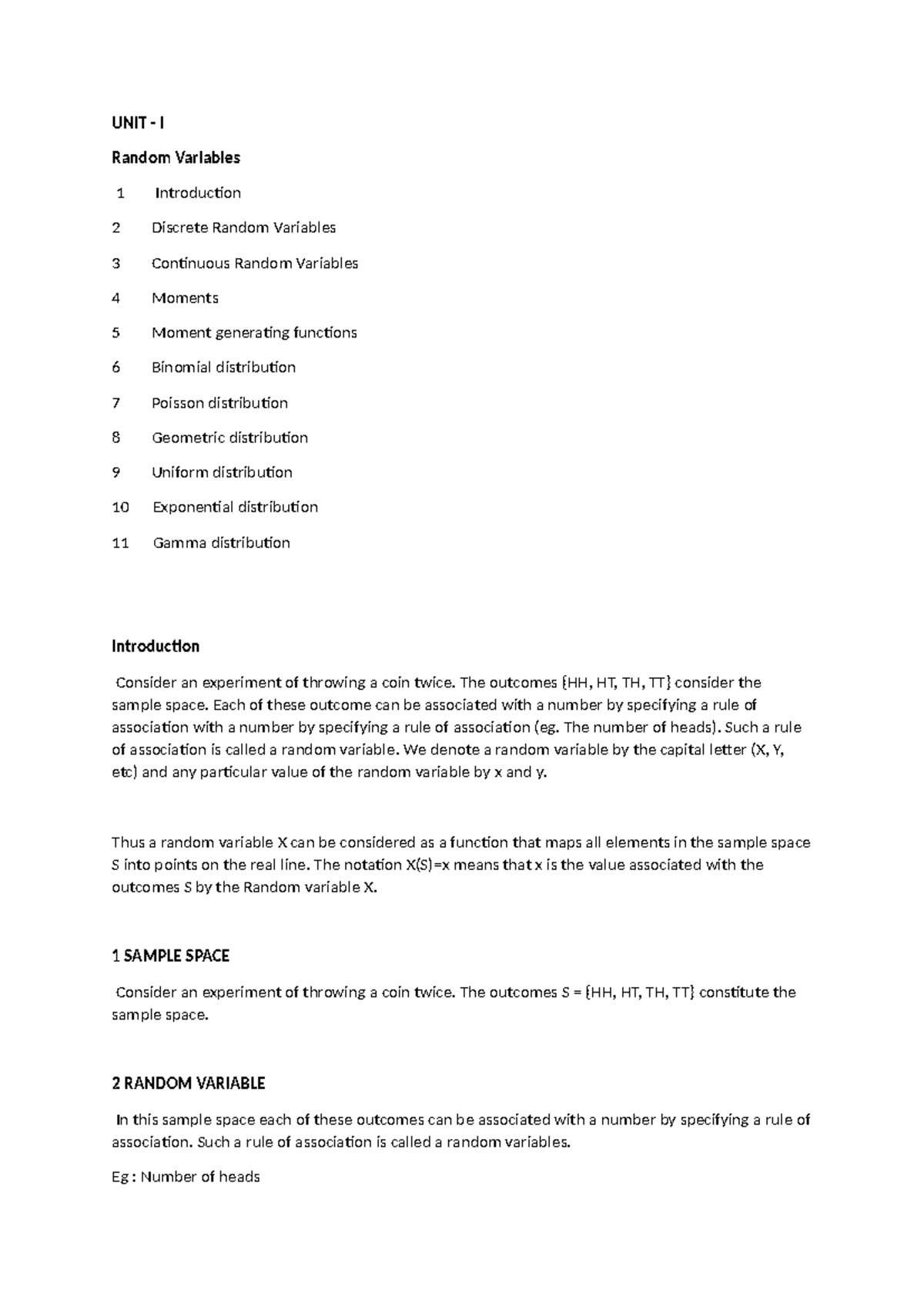 UNIT 1 MA4155 - UNIT - I Random Variables 1 Introduction 2 Discrete ...