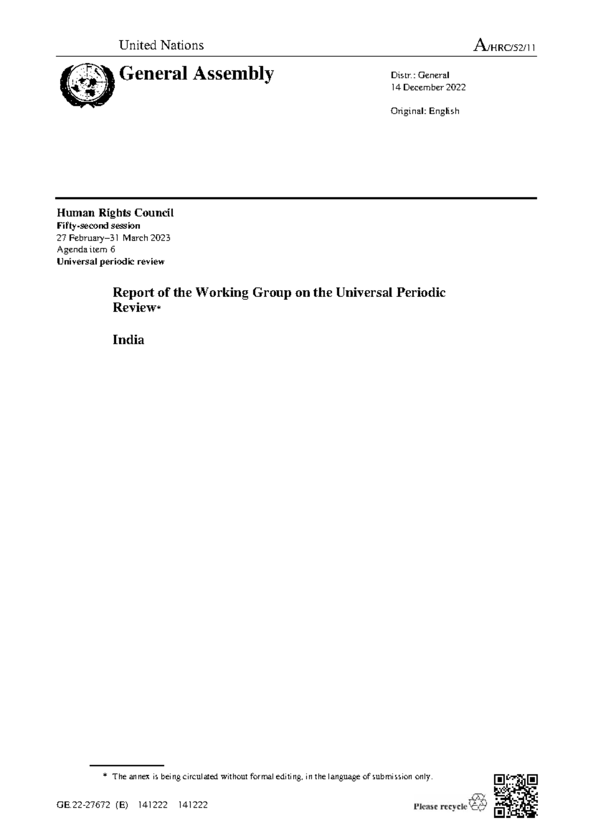 Universal Periodic Review of India: Human Rights Council Report ...