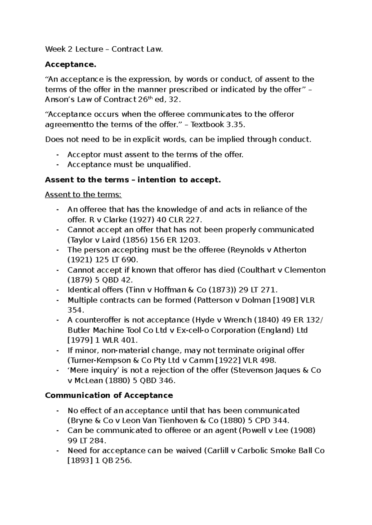 Week 2 Lecture Notes: Contract Law - Acceptance and Communication - Studocu