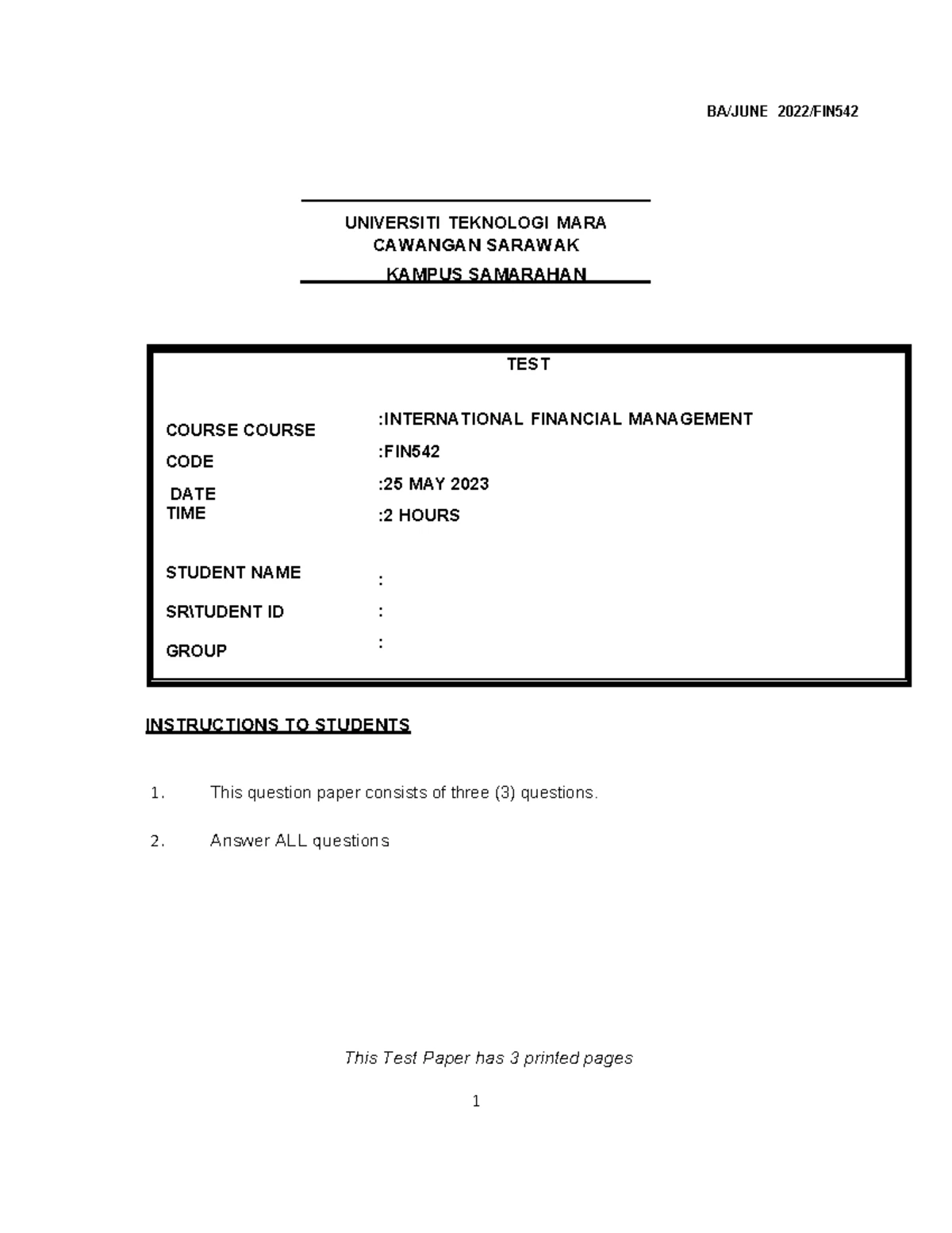 FIN542 Test 1 Questions - International Financial Management - Studocu