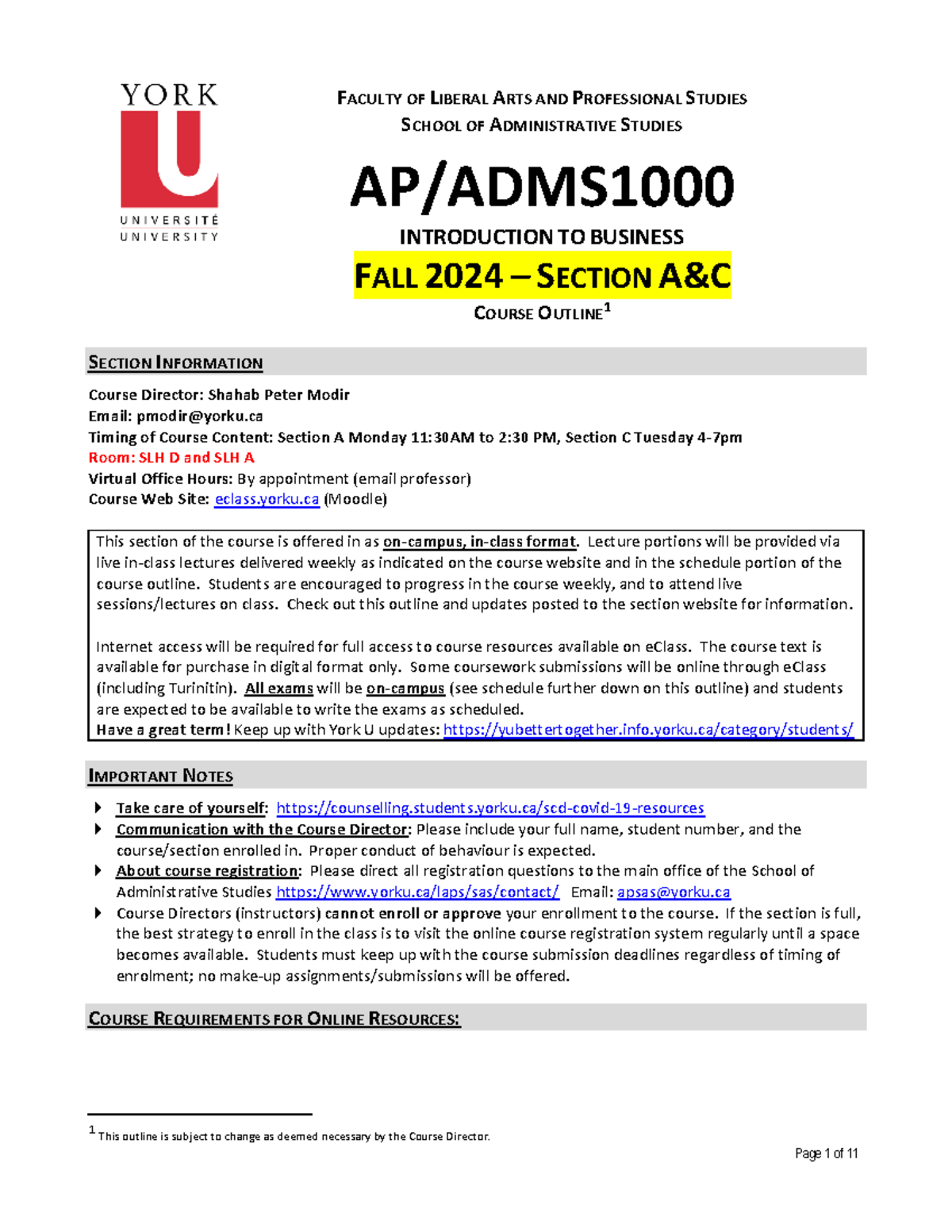AP/ADMS 1000 Fall 2024 Course Syllabus and Important Info - Studocu