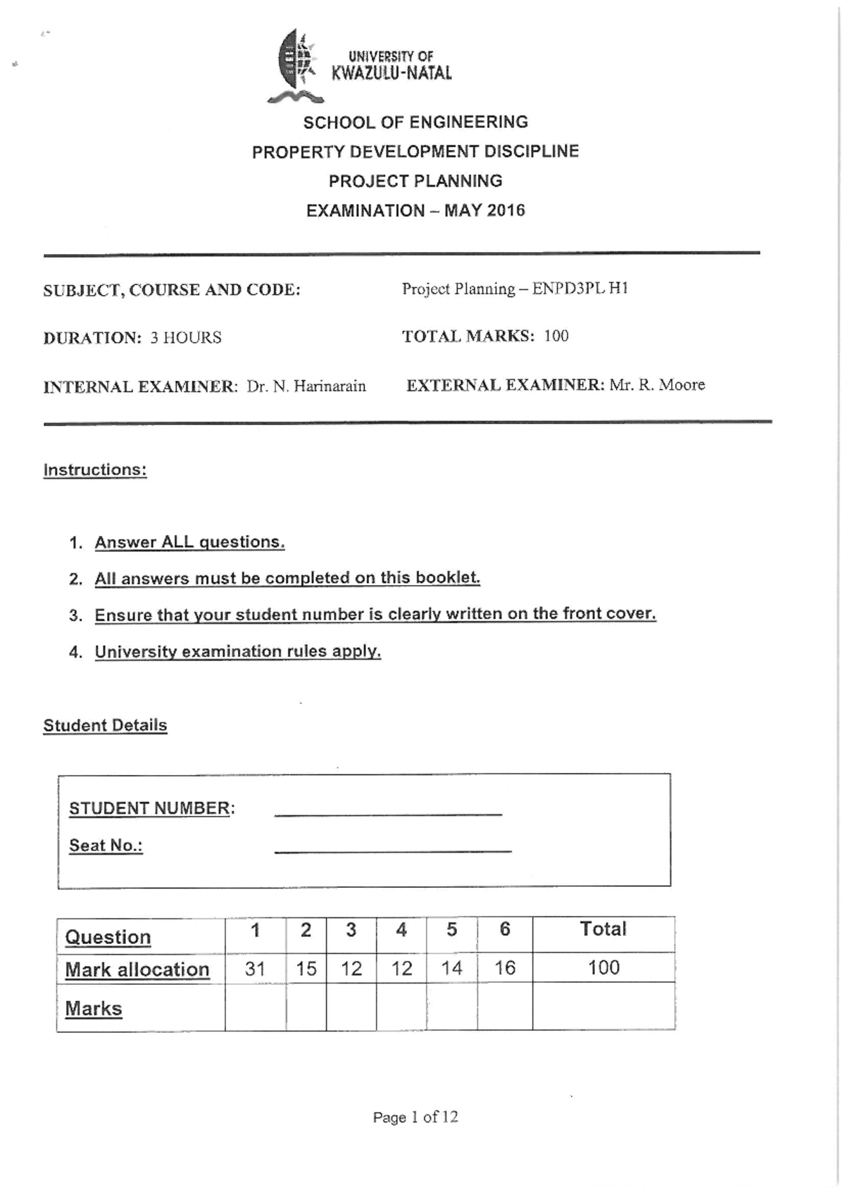 ENPD3PL H1 Final Exam: Project Planning May 2016 - Studocu