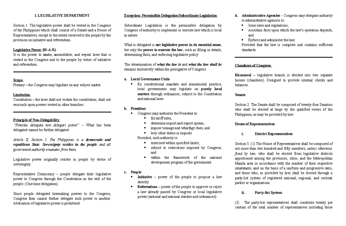 Legislative Department Overview - Constitutional Law (CL 101) - Studocu