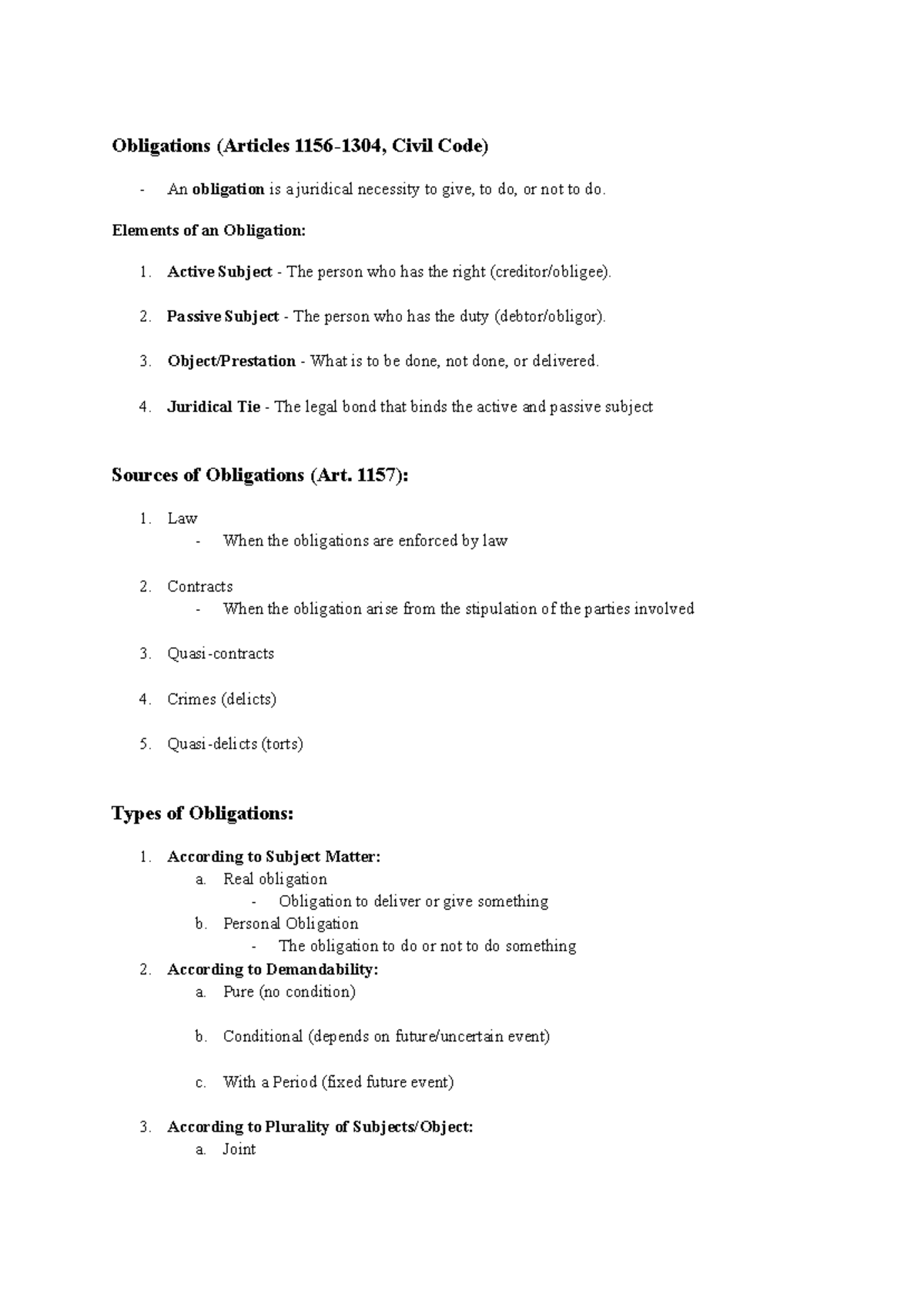 Obligation Notes: Understanding Civil Code Articles on Juridical ...