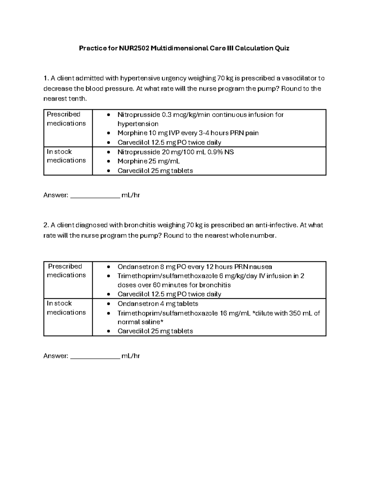 Practice for NUR2502 Multidimensional Care Calculation Quiz 1 - Studocu