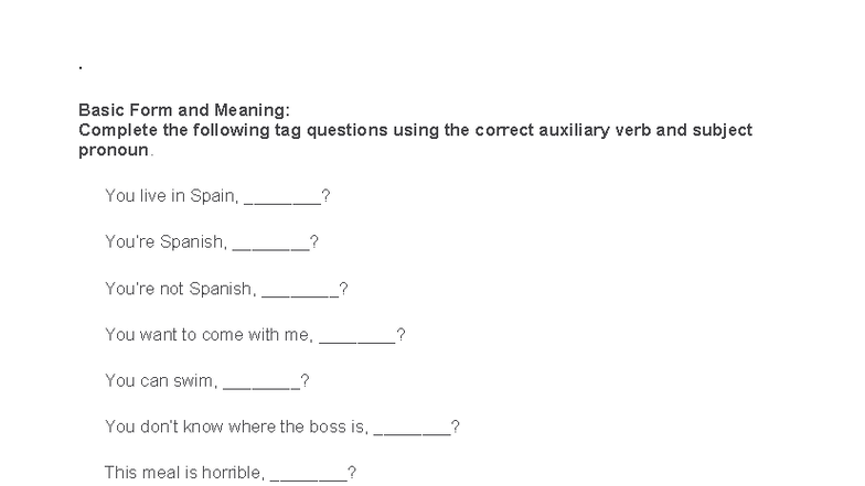 Basic Form and Meaning: Tag Questions Practice and Exercises - Studocu