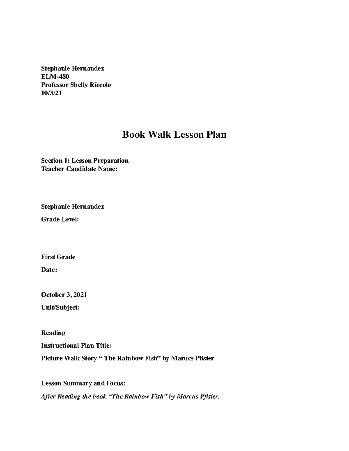 Book Walk Lesson Plan - St e phani eHe r nande z ELM480 Pr of e s s ...