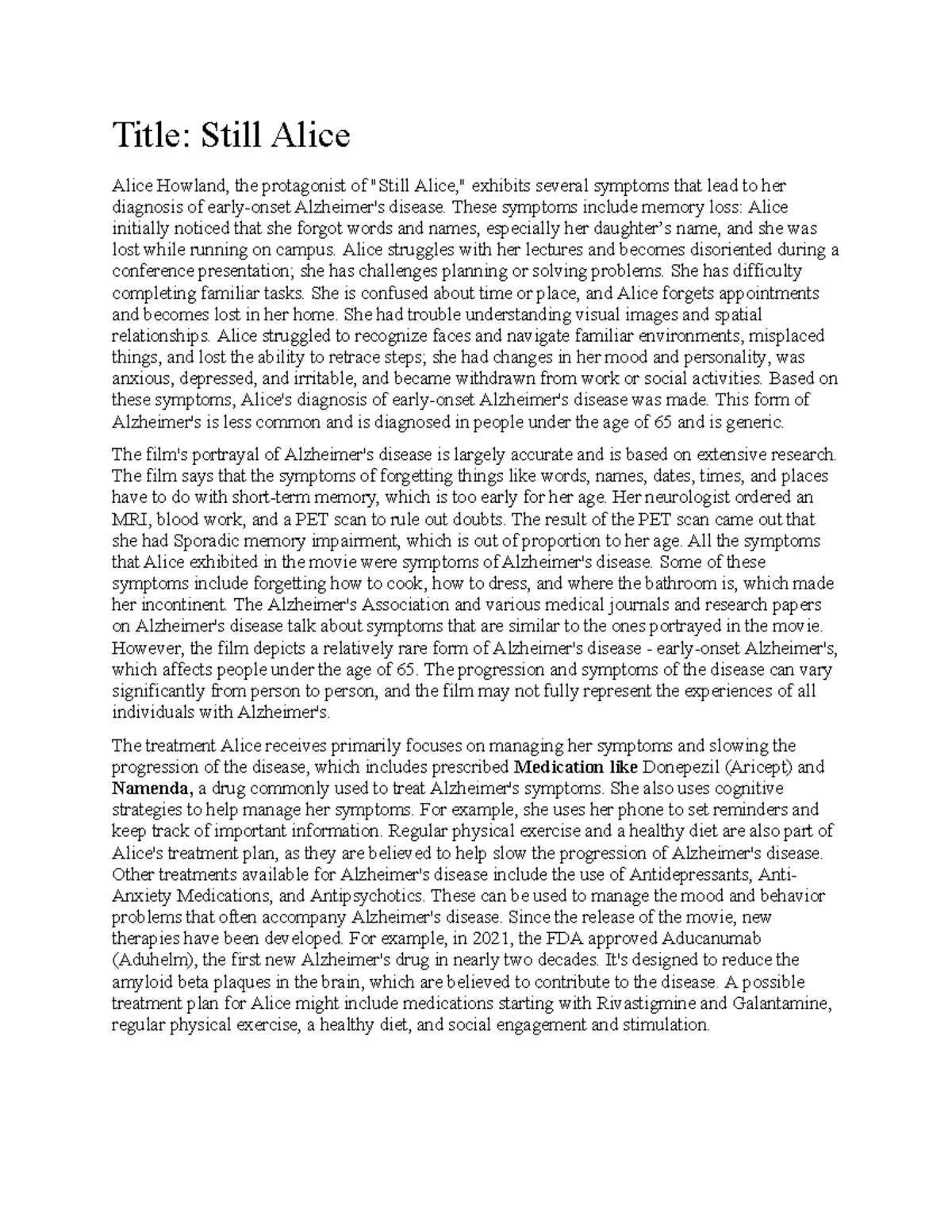 Still Alice Mental Health Care Plan & Movie Review Analysis