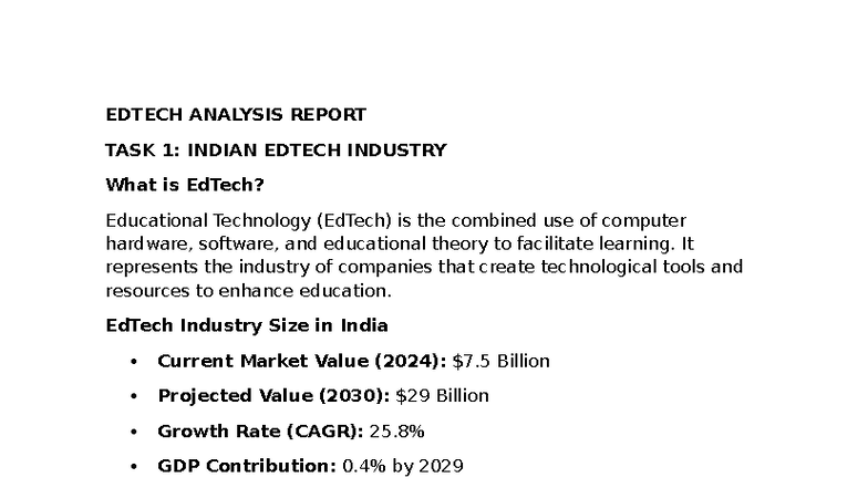 EDTECH ANALYSIS REPORT TASK 1: INDIAN EDTECH INDUSTRY - Studocu