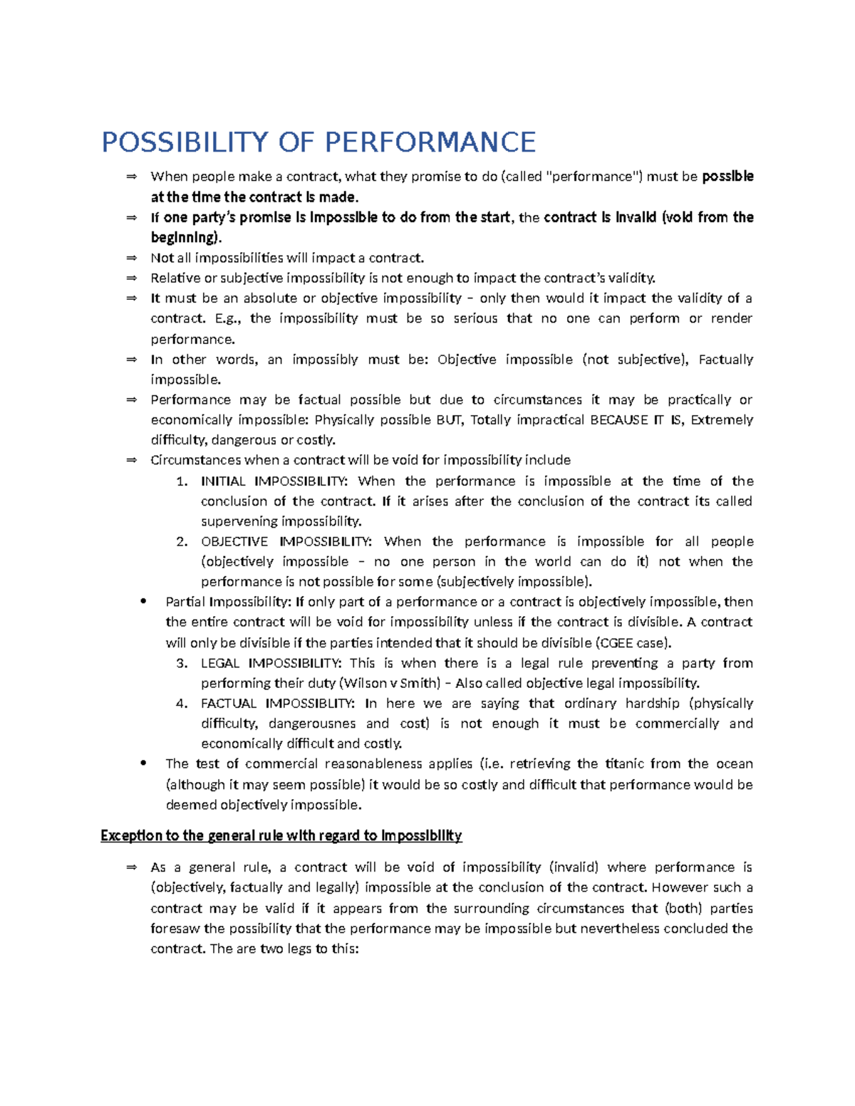 POSSIBILITY OF PERFORMANCE IN CONTRACTS: A LEGAL ANALYSIS - Studocu