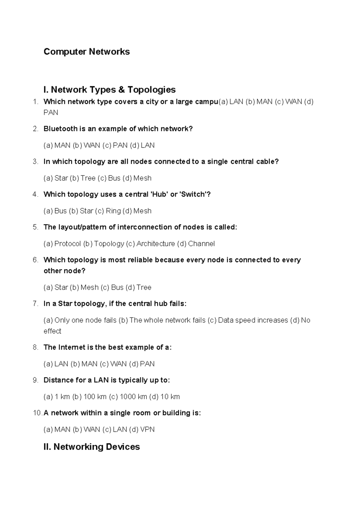 Computer Networks I: Types, Topologies, and Devices Quiz - Studocu