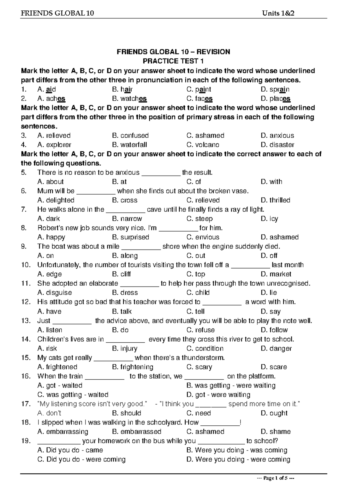 Tieng Anh 10 Friends Global - Unit 1&2 - Test 1 - FRIENDS GLOBAL 10 ...