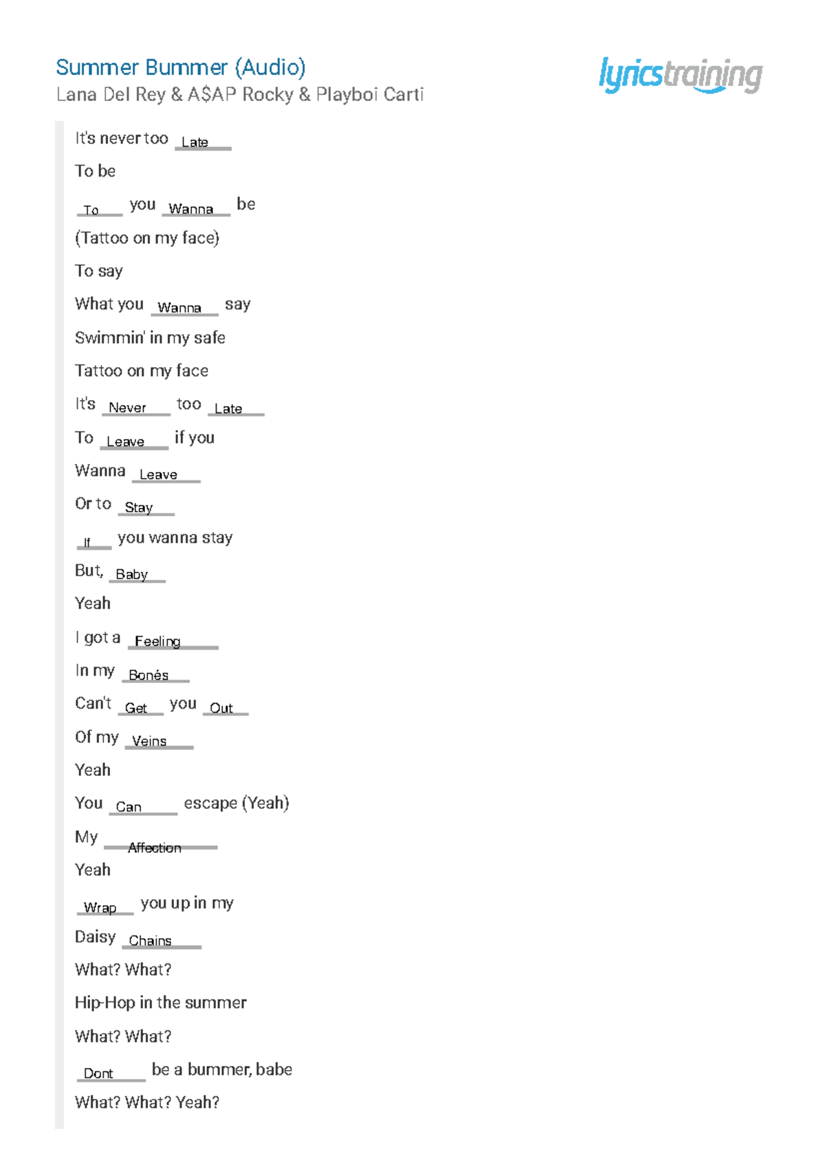 Summer Bummer Lyrics Analysis - Ingles - Studocu