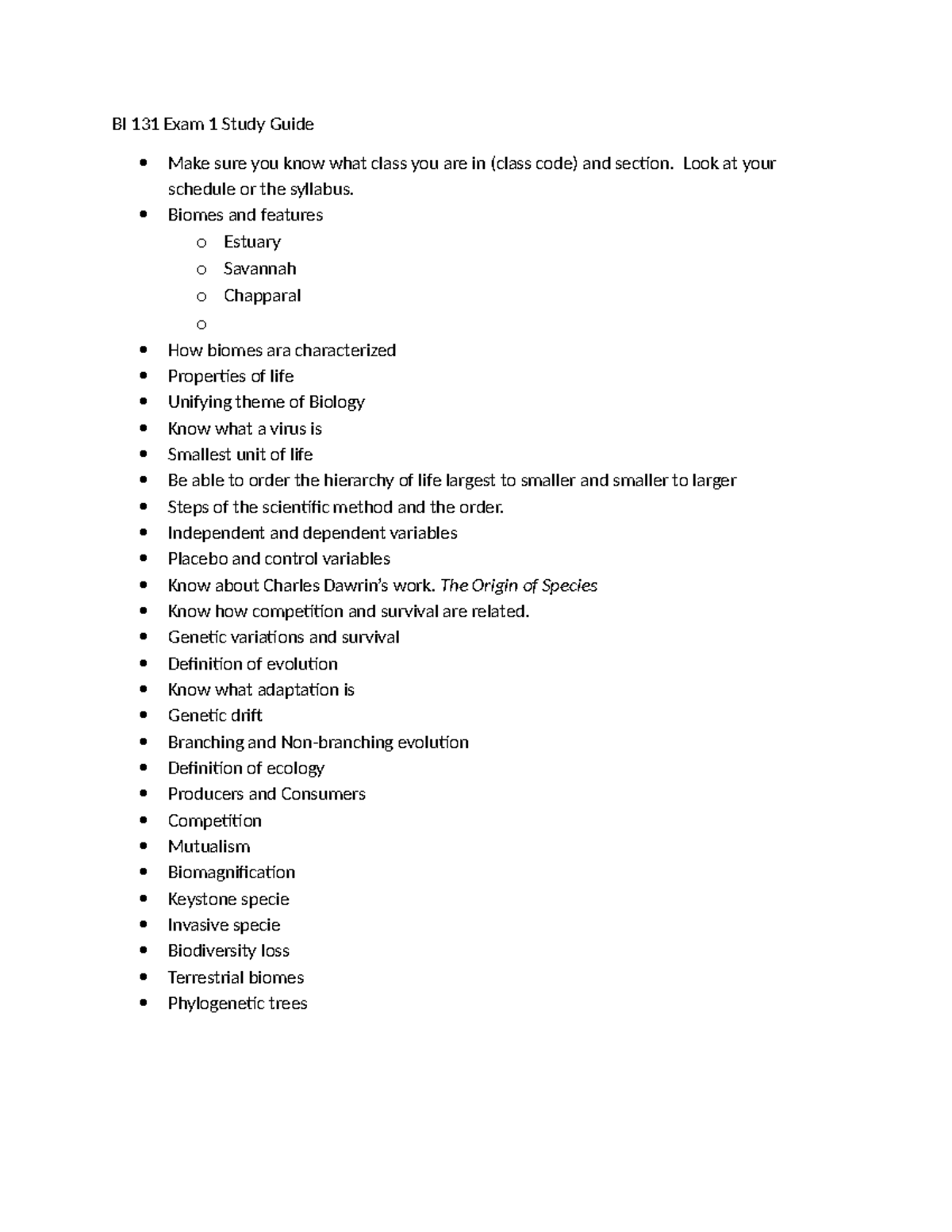 BI 131 Exam 1 Study Guide: Key Concepts & Topics Overview - Studocu