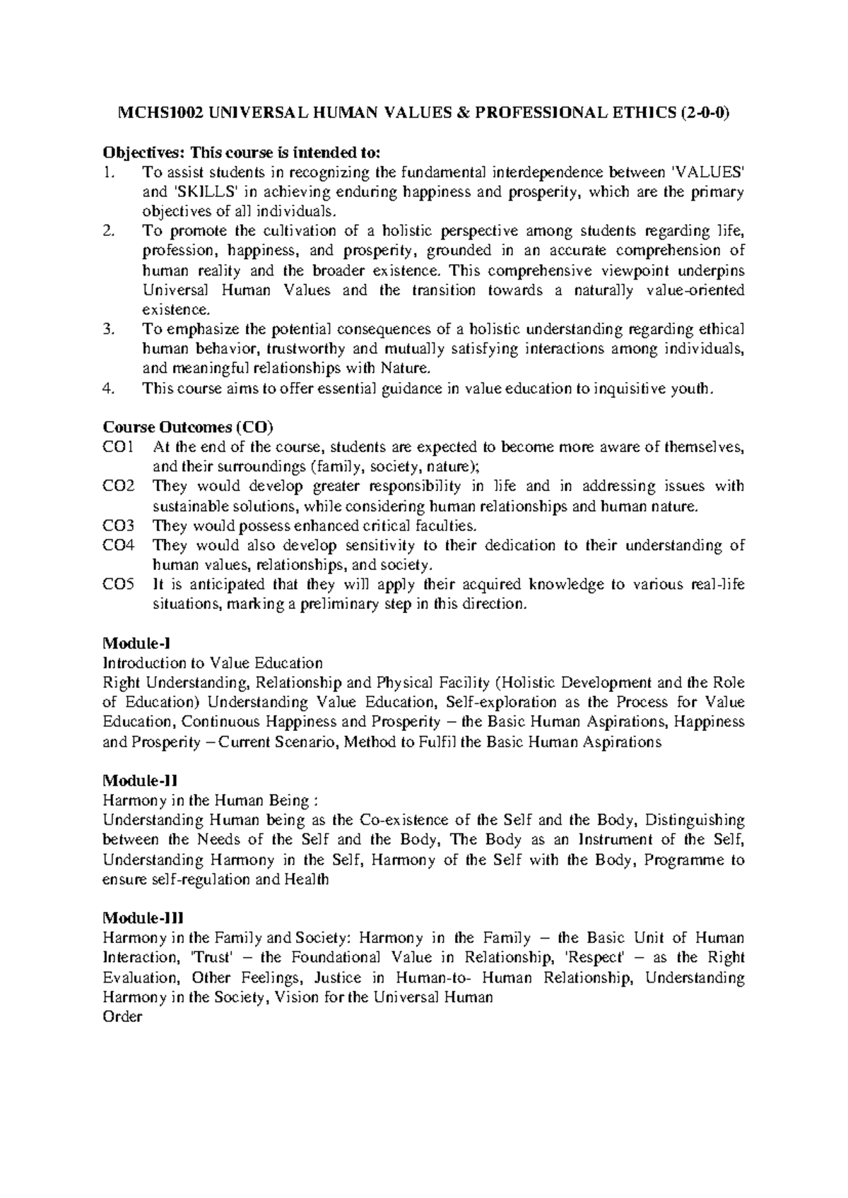 Human Values AND Ethics - MCHS1002 UNIVERSAL HUMAN VALUES ...