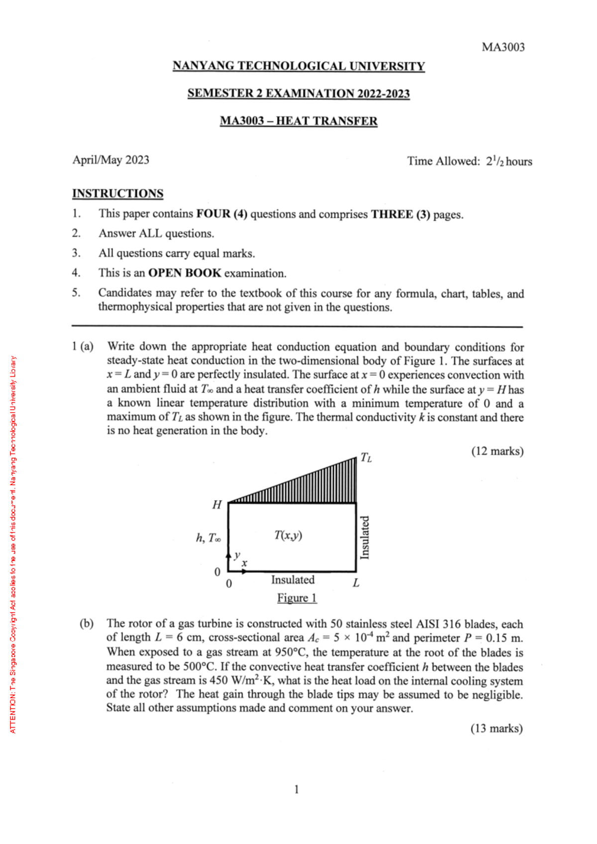MA3003 2022-2023 Semester 2: Heat Transfer Analysis and Assumptions ...