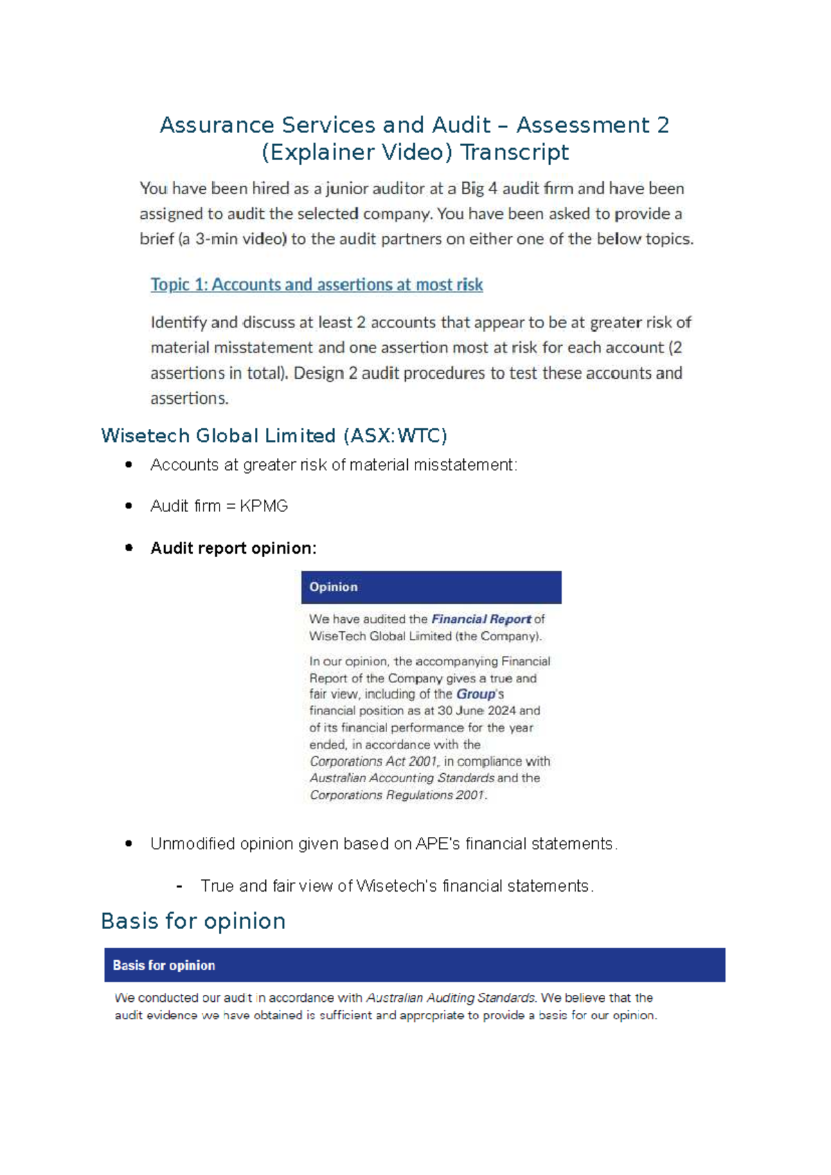 Assurance Services and Audit Assessment 2 Transcript: Revenue ...