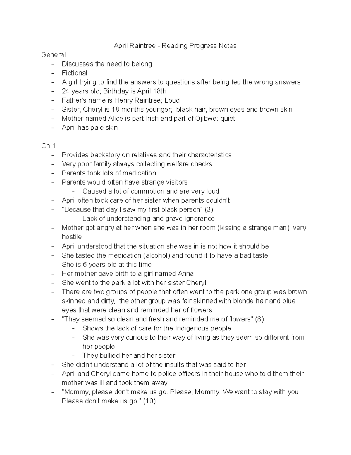 April Raintree: Comprehensive Chapter Reading Progress Notes - Studocu