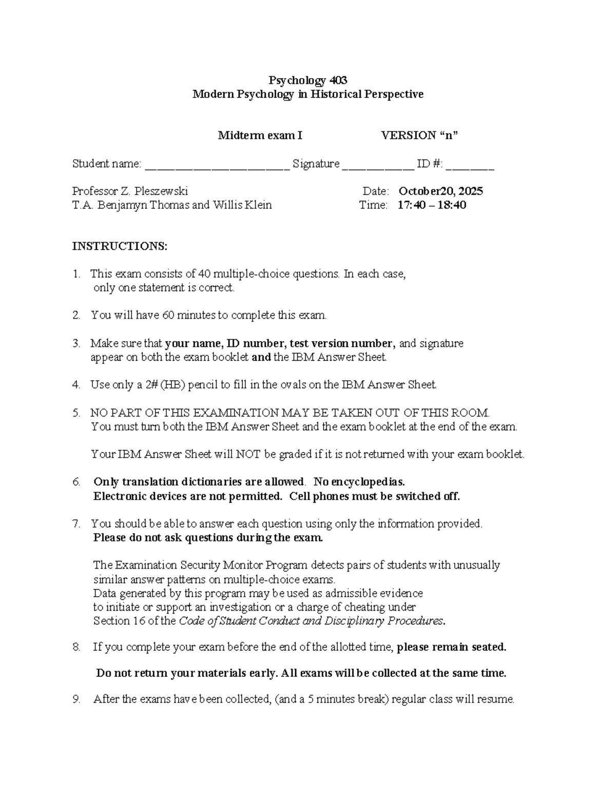 Psychology 403 Midterm Exam I Instructions and Guidelines - Studocu