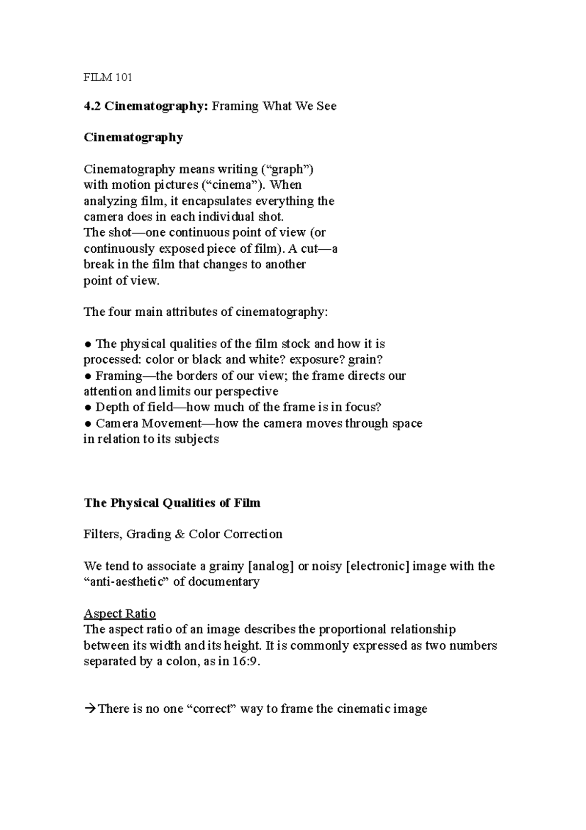 FILM 101: Lecture Notes on Cinematography Techniques and Concepts - Studocu