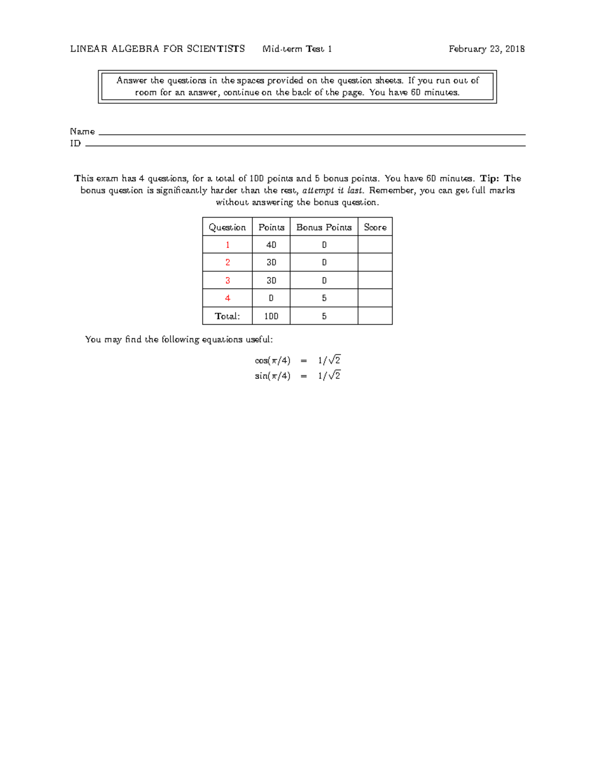 Linear Algebra for Scientists - Mid-term Test 1 Mock Answers - Studocu