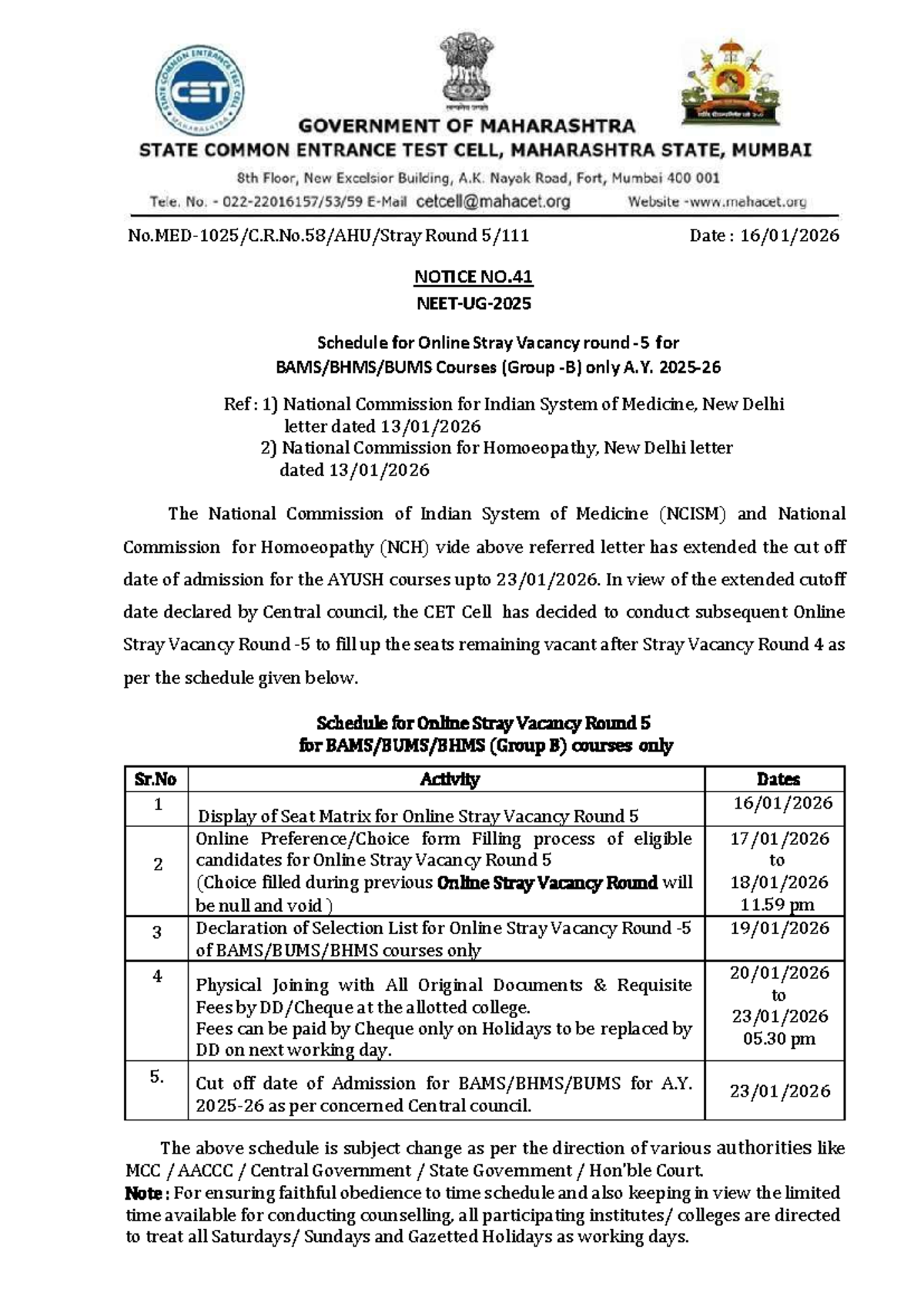 Online Stray Vacancy Round 5 Schedule for AYUSH Courses - Studocu