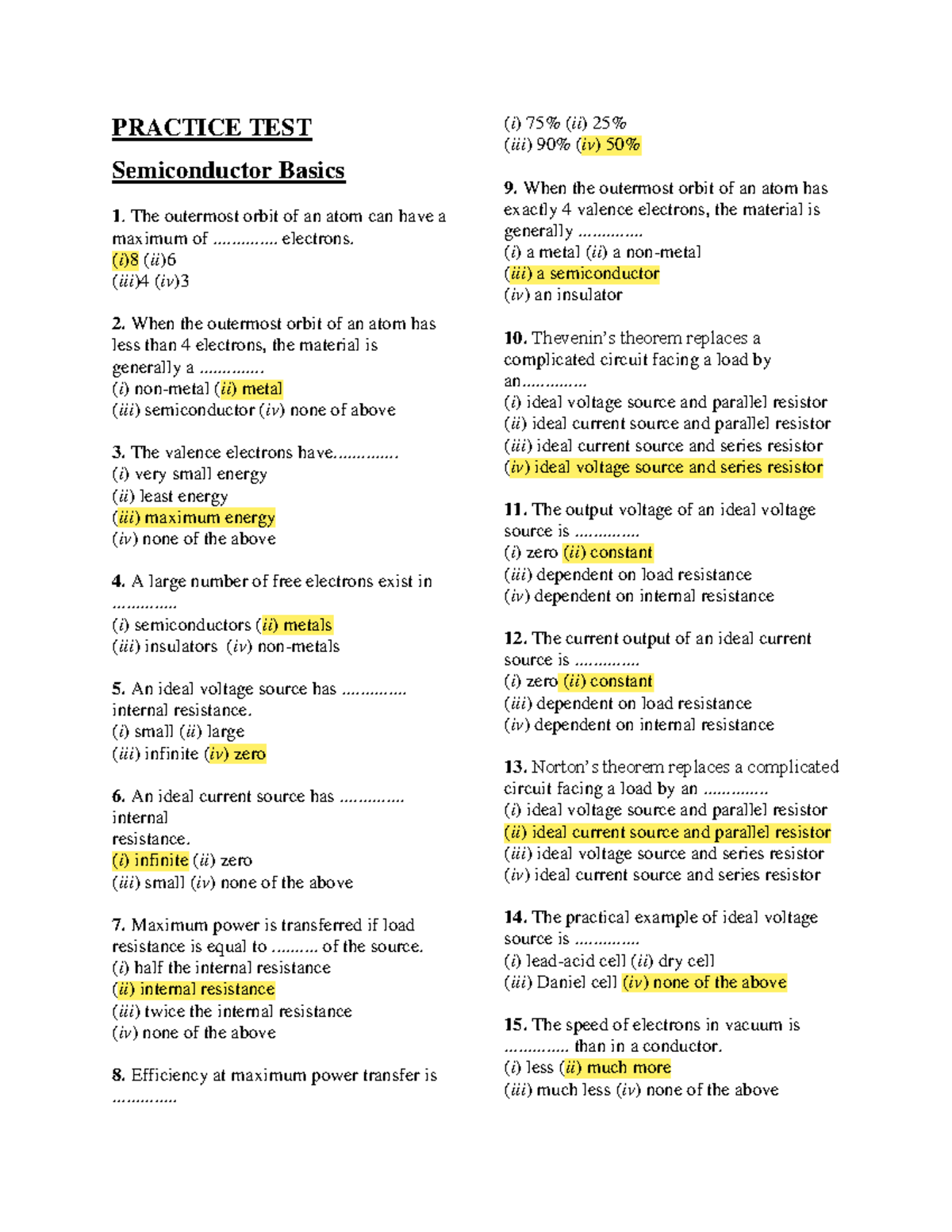 PRACTICE TEST: Semiconductor Basics (Course Code: SEM101) - Studocu