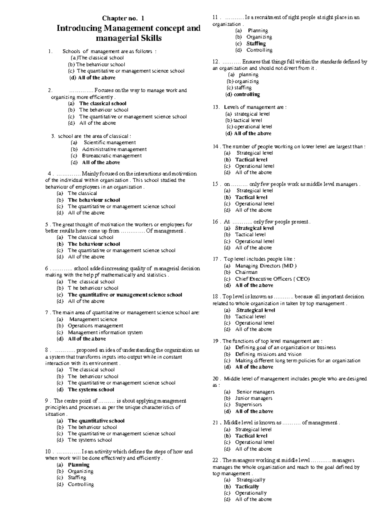 Chapter 1: Introduction to Management Concepts & Skills (MCQs) - Studocu
