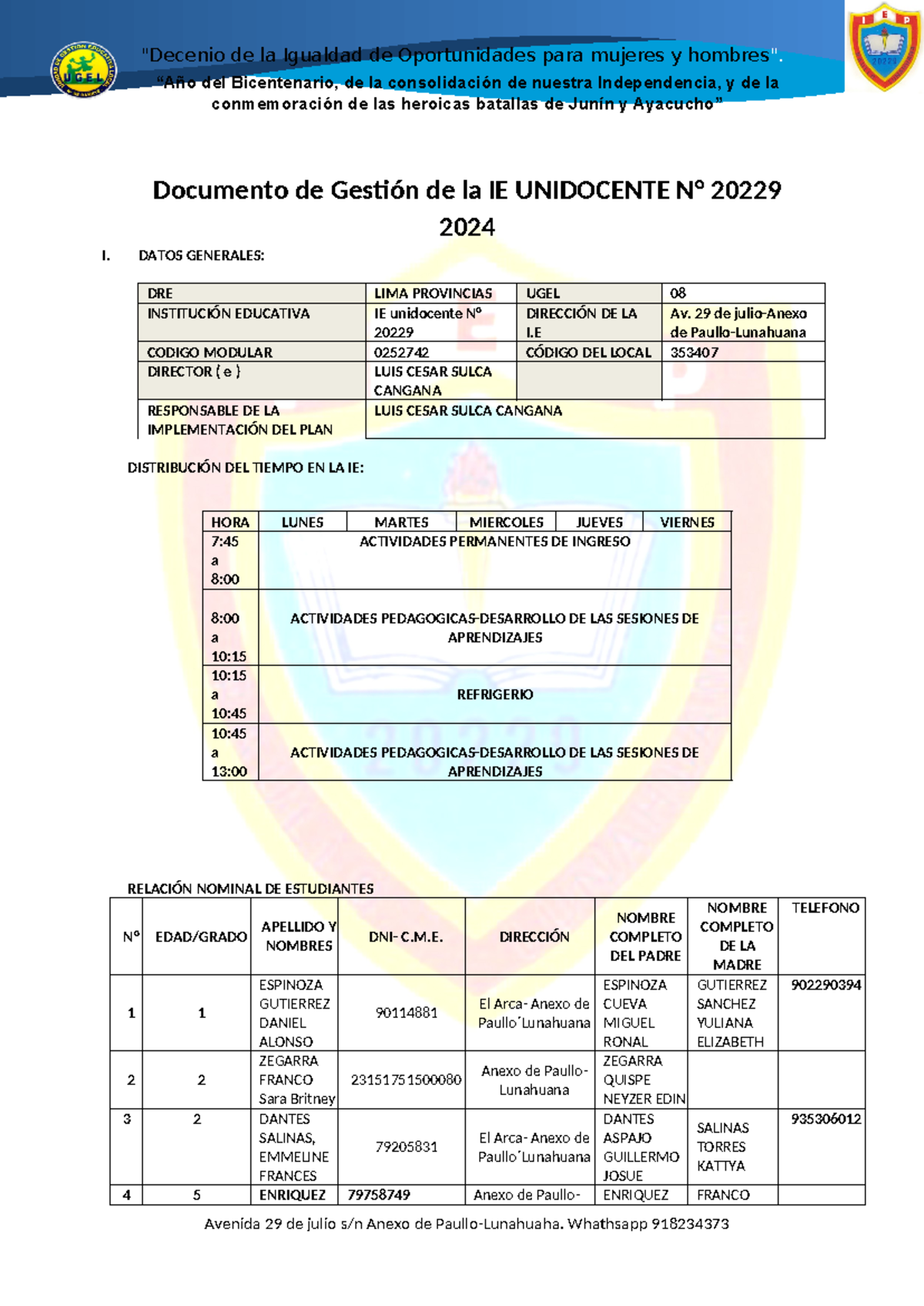Documento de Gestión Escolar IE Unidocente N° 20229 - 2024 - Studocu