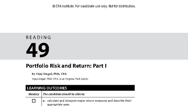 CFA 2019 Reading 49: Portfolio Risk and Return - Part I - Studocu