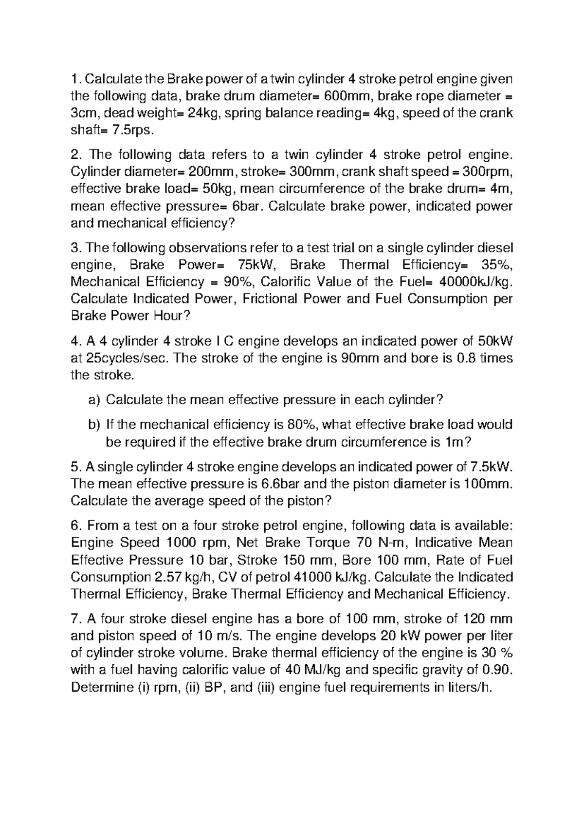 IC Engines - Numerical Problems & Calculations (Final Exam) - Studocu