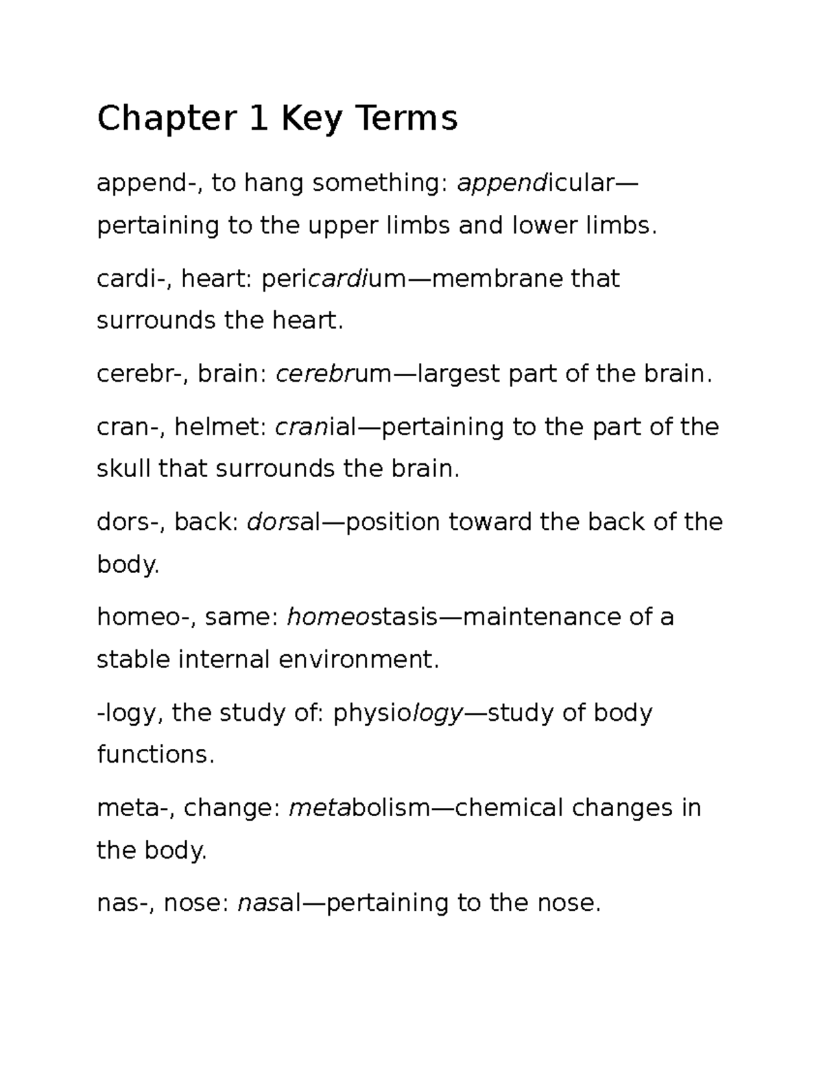BIO101 Chapter 1 Key Terms: Essential Anatomical Vocabulary - Studocu