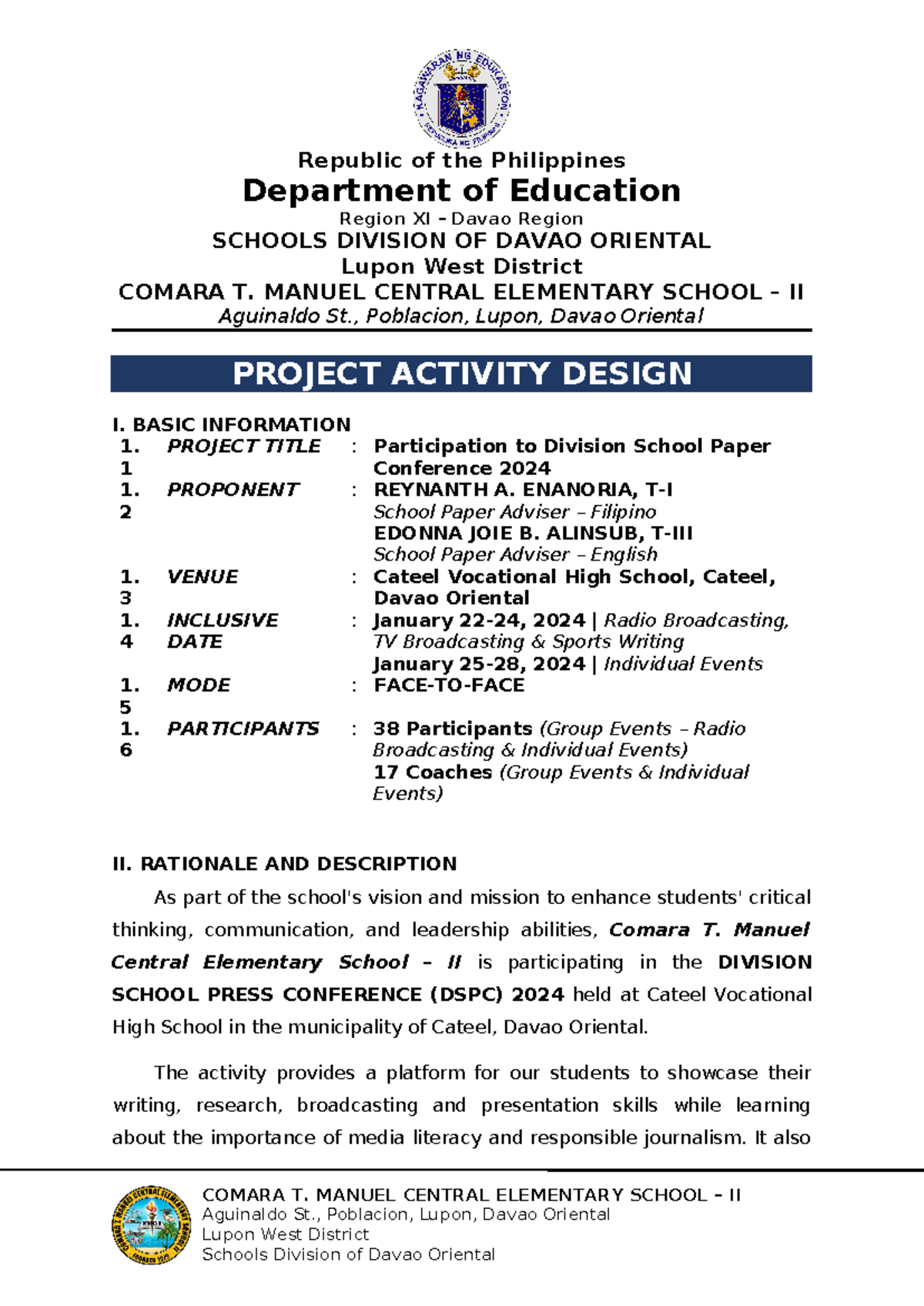DSPC2024 Project Activity Design for School Press Conference - Studocu