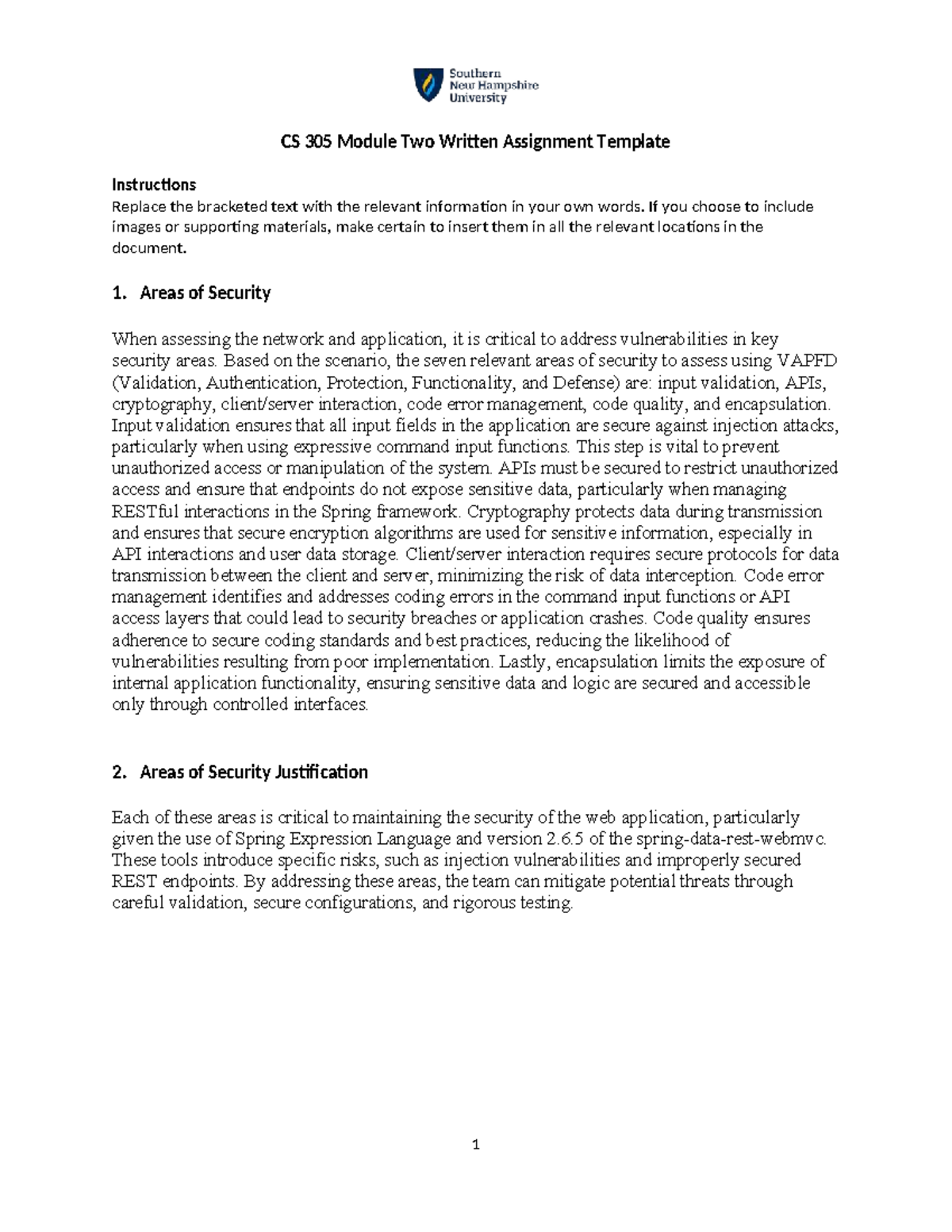 CS 305 Module Two Written Assignment: Security Areas Assessment - Studocu