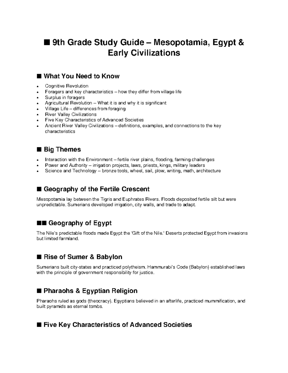 9th Grade Study Guide: Mesopotamia, Egypt & Early Civilizations - Studocu