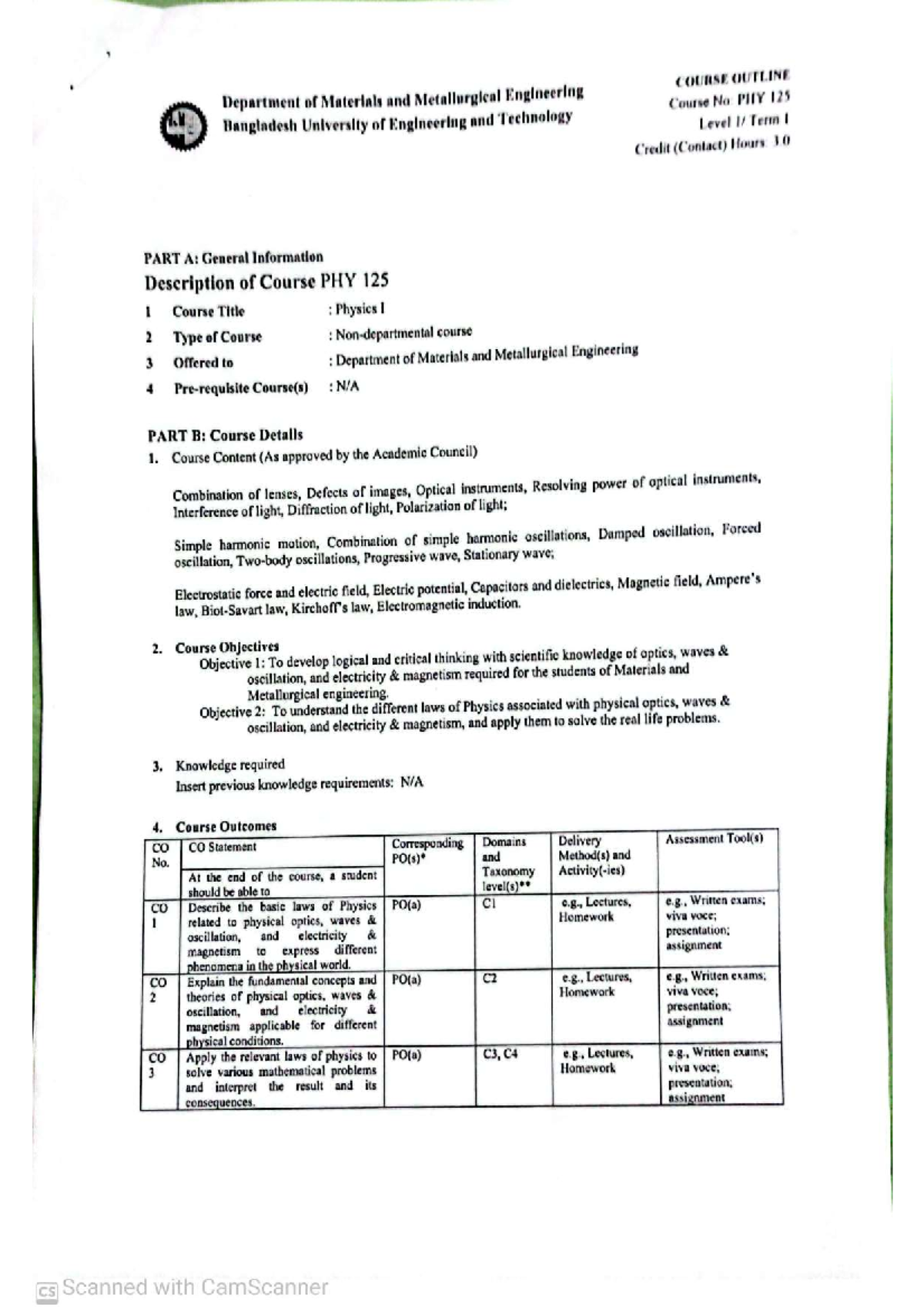Phy125 Course-Outline - COURSE OUTLINE Department of Materials and ...