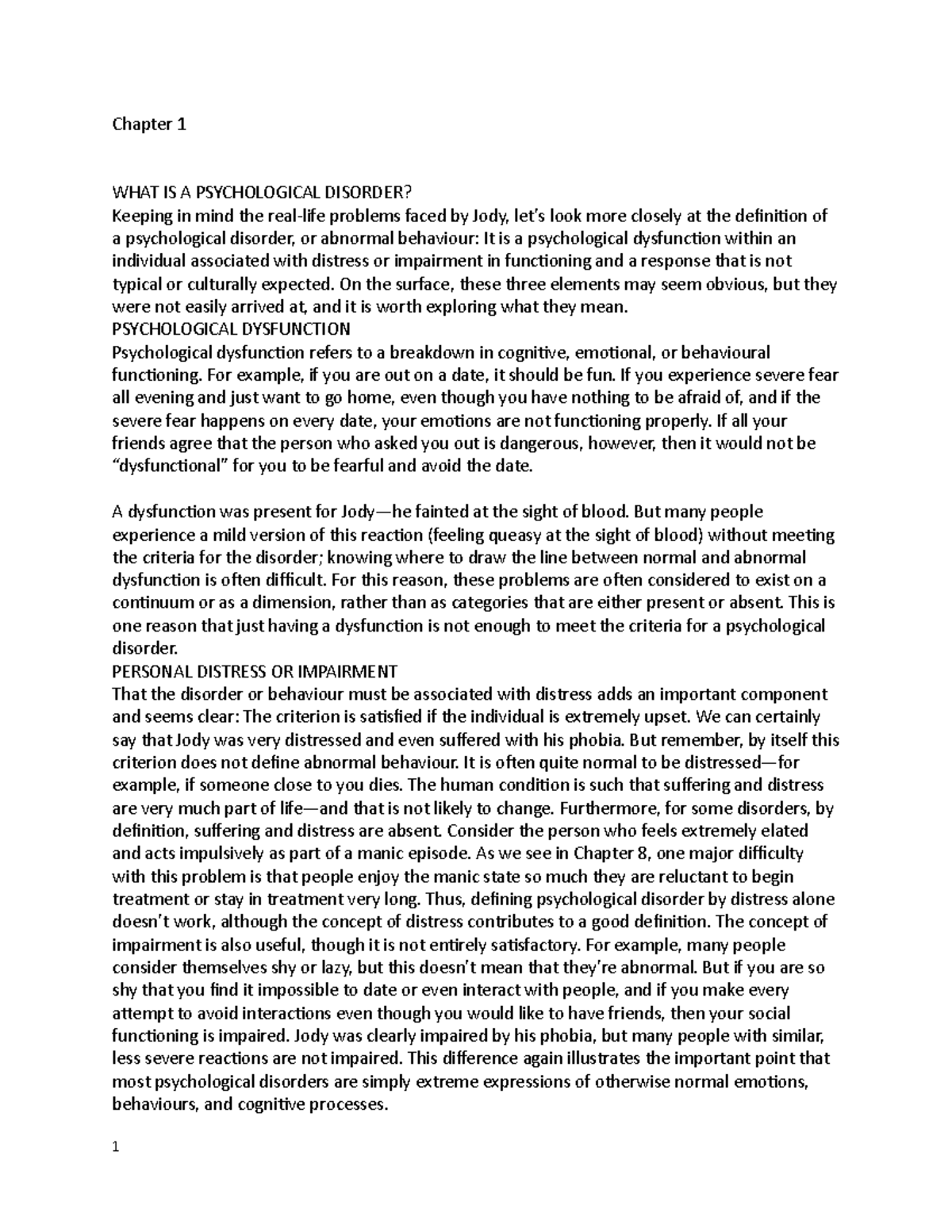PSY 101 Chapter 1 Lecture Notes: Understanding Psychological Disorders ...